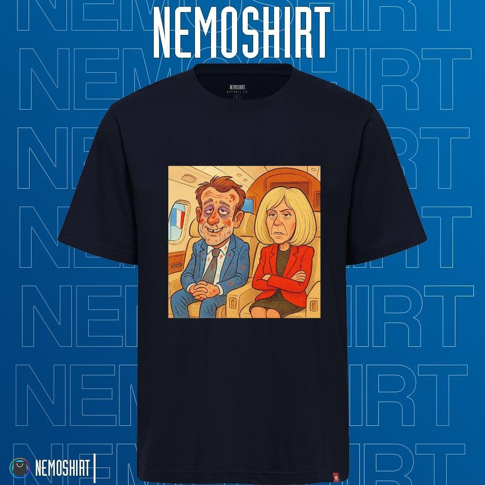 Emmanuel Macron slap and Brigitte on a plane cartoon - Adult & Kids T-Shirts, Sweatshirts & Hoodies apparel design preview 1