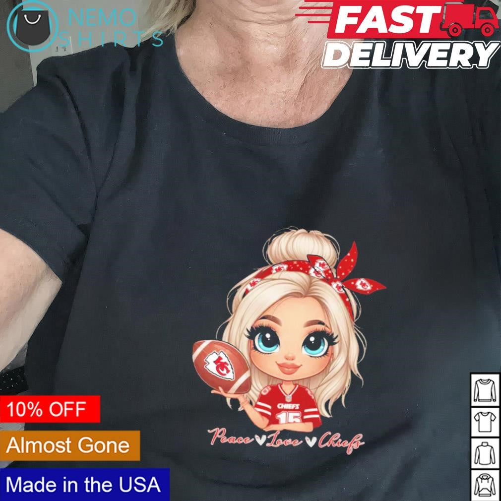 Kansas City Chiefs fan cartoon girl peace love - Adult & Kids T-Shirts, Sweatshirts & Hoodies apparel design preview 2