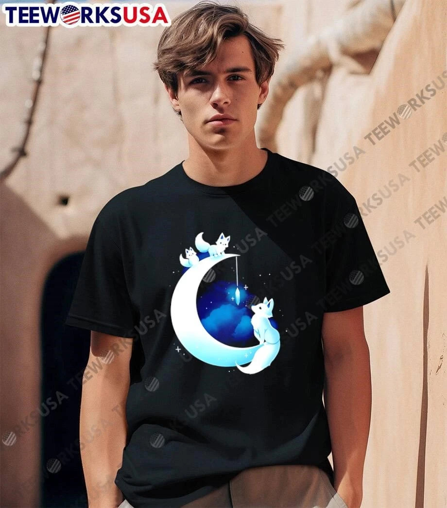 Glowing White Arctic Foxes Crescent Moon Hanging - Adult & Kids T-Shirts, Sweatshirts & Hoodies apparel design preview 1
