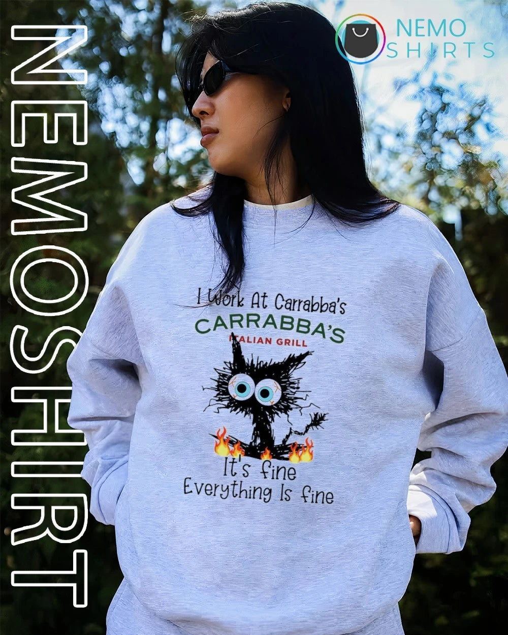 Black cat I work at Carrabba's it's fine everything - Adult & Kids T-Shirts, Sweatshirts & Hoodies apparel design preview 3