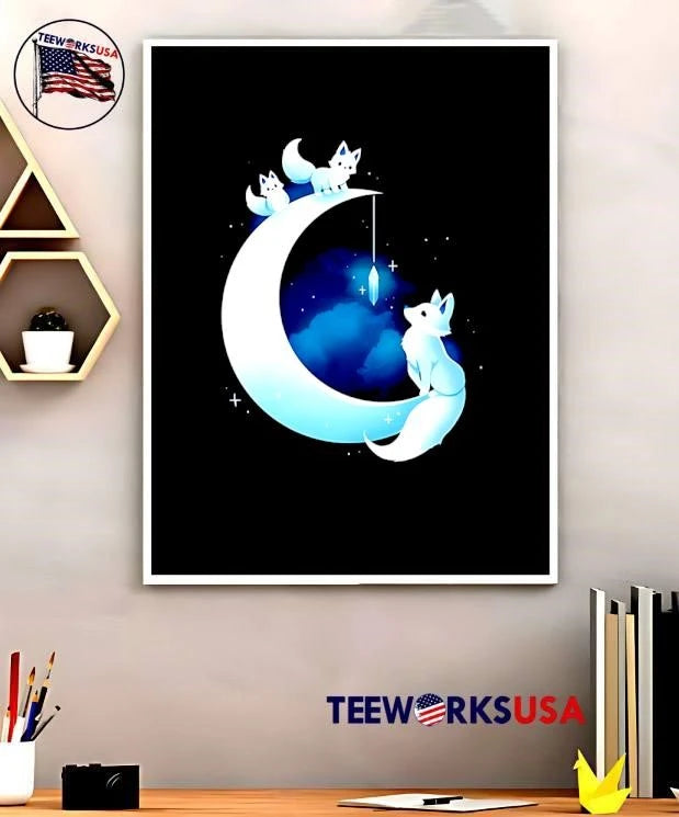 Glowing White Arctic Foxes Crescent Moon Hanging - Adult & Kids T-Shirts, Sweatshirts & Hoodies apparel design preview 5