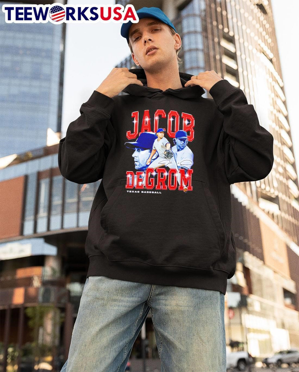 Jacob deGrom Retro Flair Texas baseball signatue - Adult & Kids T-Shirts, Sweatshirts & Hoodies apparel design preview 3