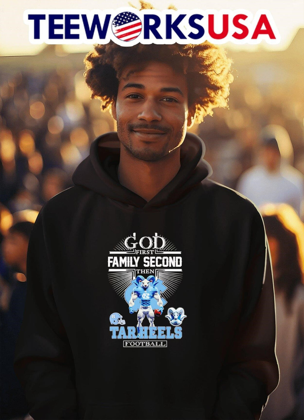 God first family second then Tar Heels football - Adult & Kids T-Shirts, Sweatshirts & Hoodies apparel design preview 2