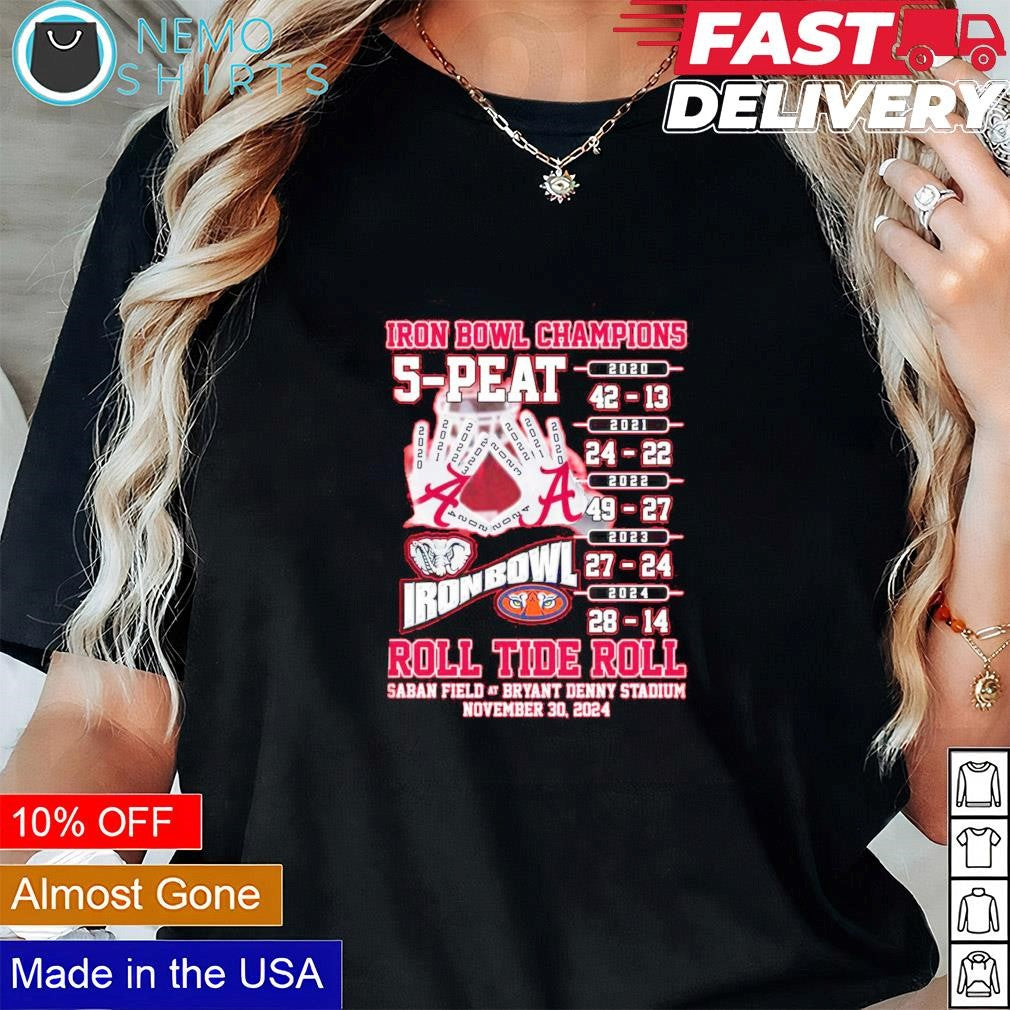 Alabama Crimson Tide roll Iron Bowl champions 5 peat - Adult & Kids T-Shirts, Sweatshirts & Hoodies apparel design preview 1