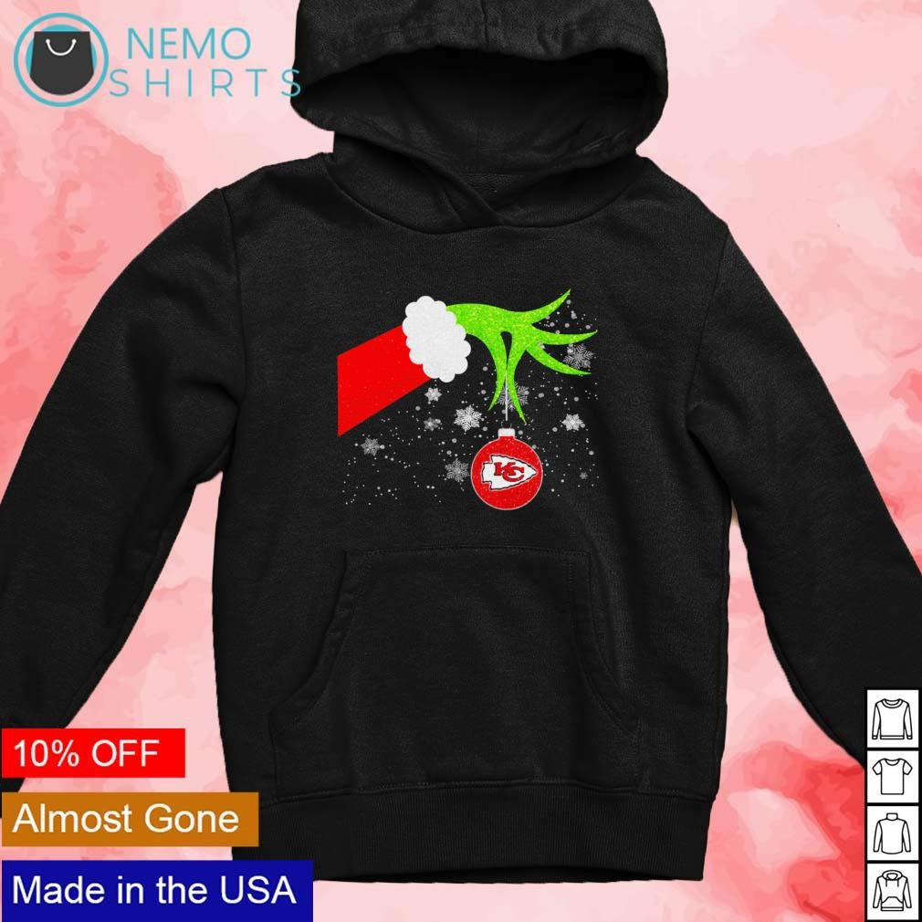Grinch hand with ornament Kansas City Chiefs - Adult & Kids T-Shirts, Sweatshirts & Hoodies apparel design preview 4