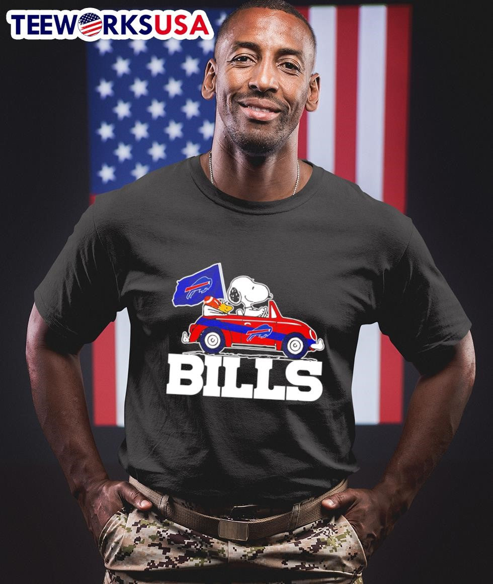 Snoopy and Woodstock driving car Buffalo Bills - Adult & Kids T-Shirts, Sweatshirts & Hoodies apparel design preview 1