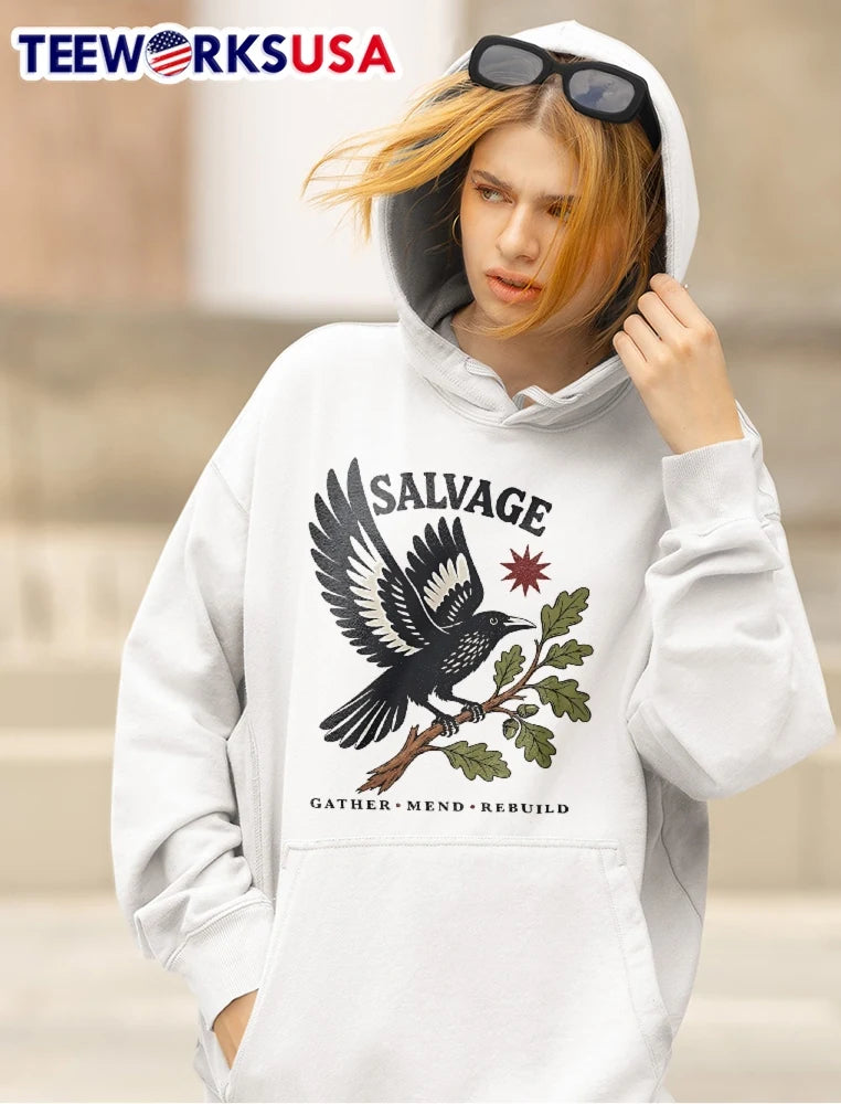 Salvage Gather Mend Rebuild Bird Perched Oak Branch - Adult & Kids T-Shirts, Sweatshirts & Hoodies apparel design preview 5