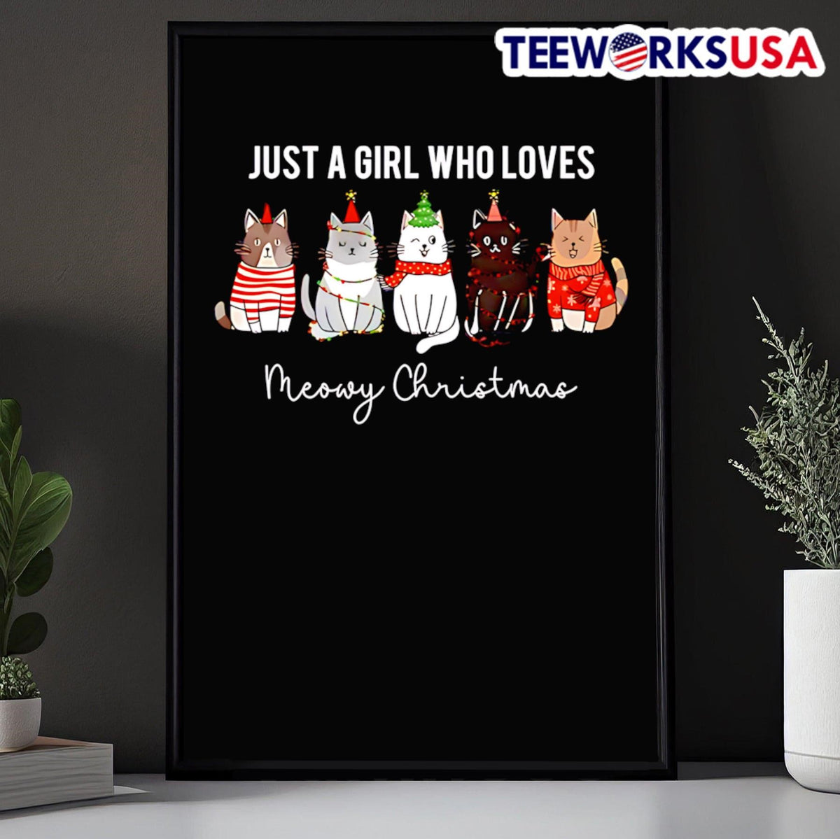 Cat Just A Girl Who Loves Meowy Christmas - Adult & Kids T-Shirts, Sweatshirts & Hoodies apparel design preview 5