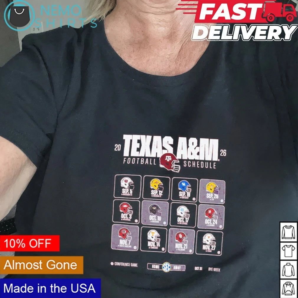 2026 Texas A&M Football Schedule Team Matchup Helmets - Adult & Kids T-Shirts, Sweatshirts & Hoodies apparel design preview 2
