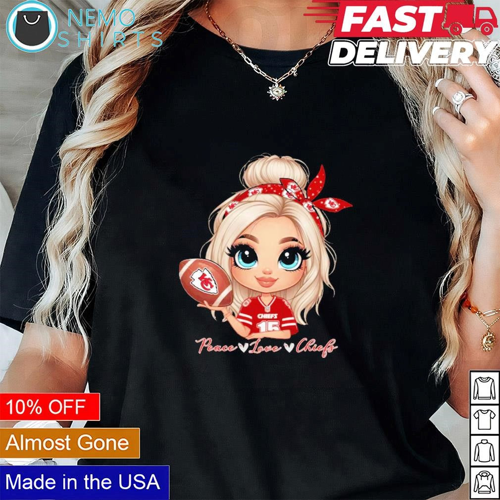 Kansas City Chiefs fan cartoon girl peace love - Adult & Kids T-Shirts, Sweatshirts & Hoodies apparel design preview 1