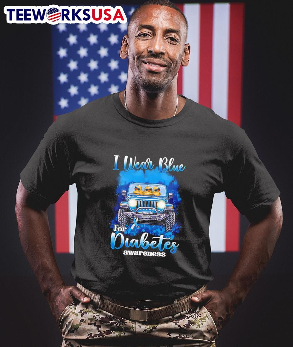 Ducks driving Jeep I wear blue for Diabetes awareness - Adult & Kids T-Shirts, Sweatshirts & Hoodies apparel design preview 1