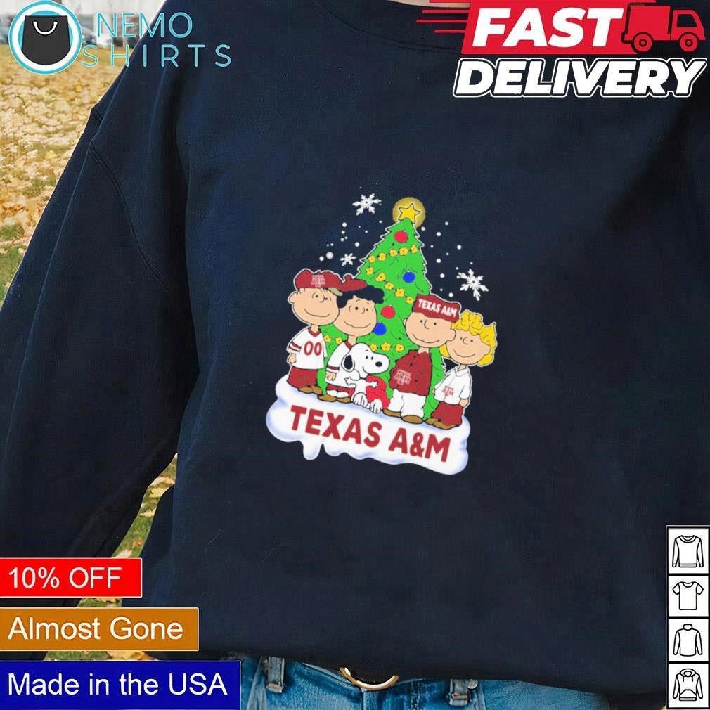 Texas A&M Peanuts characters stand beside Christmas - Adult & Kids T-Shirts, Sweatshirts & Hoodies apparel design preview 1