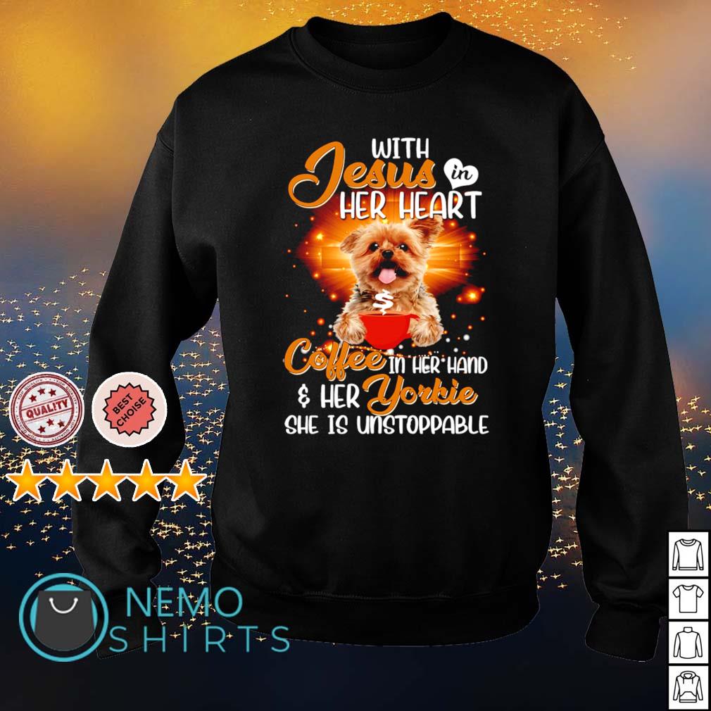 With Jesus in her heart coffee hand and Yorkie - Adult & Kids T-Shirts, Sweatshirts & Hoodies apparel design preview 4