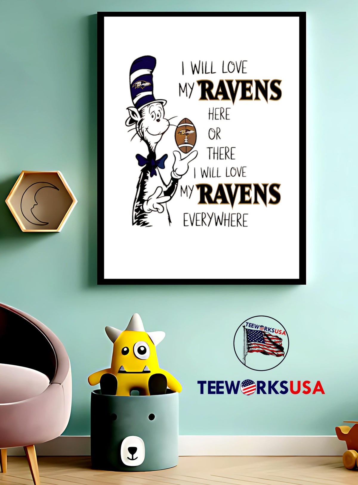 The Cat in Hat I Will Love My Ravens Here Or There - Adult & Kids T-Shirts, Sweatshirts & Hoodies apparel design preview 4