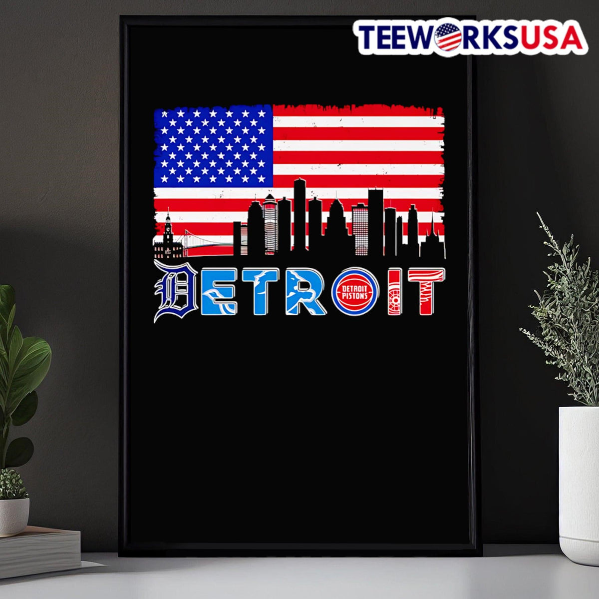Detroit sports skyline American flag - Adult & Kids T-Shirts, Sweatshirts & Hoodies apparel design preview 5