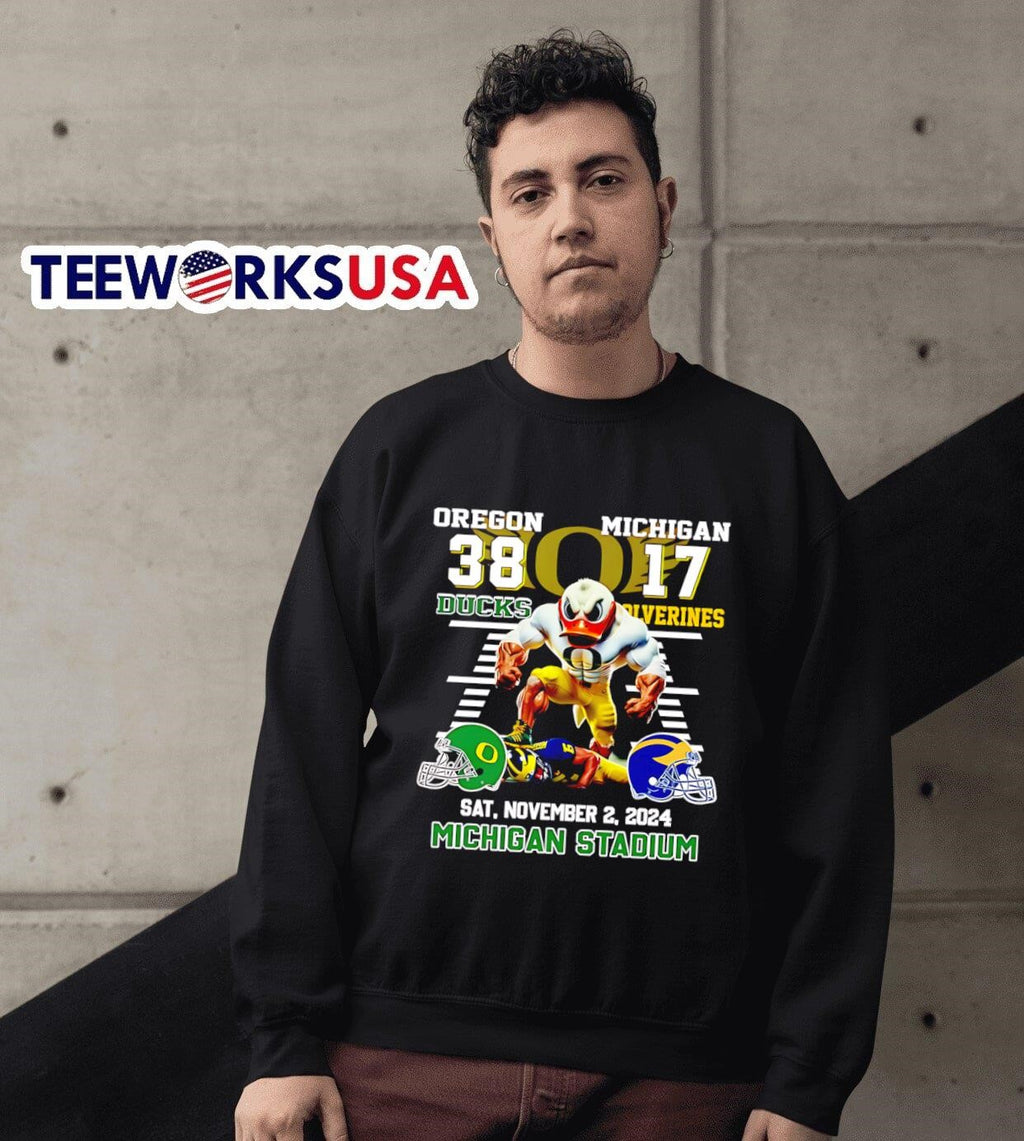Oregon Ducks 38 17 Michigan Wolverines mascot - Adult & Kids T-Shirts, Sweatshirts & Hoodies apparel design preview 3