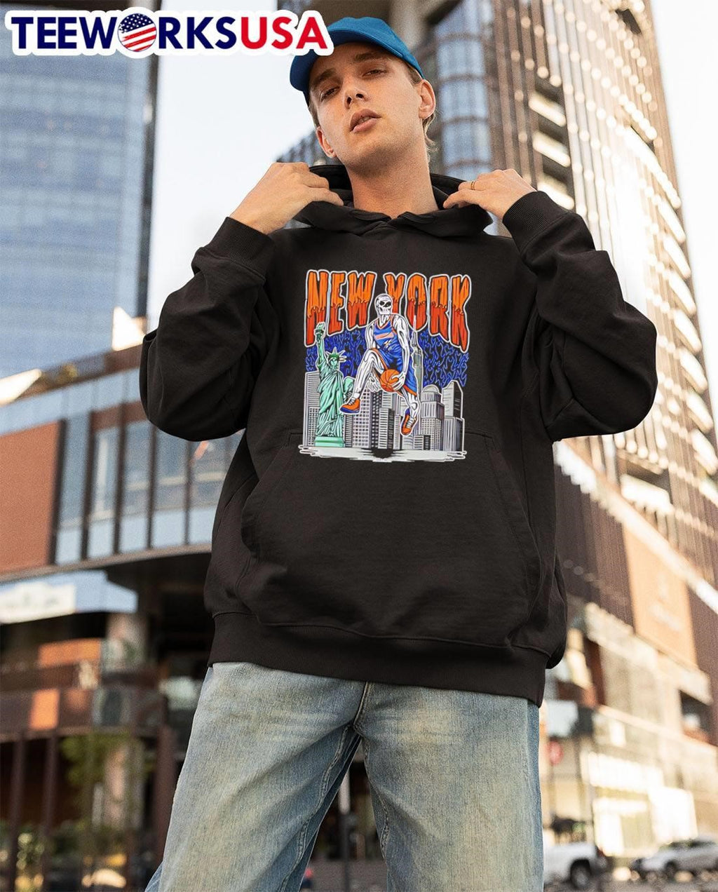 New York Skeleton Dunking with Statue of Liberty and - Adult & Kids T-Shirts, Sweatshirts & Hoodies apparel design preview 3