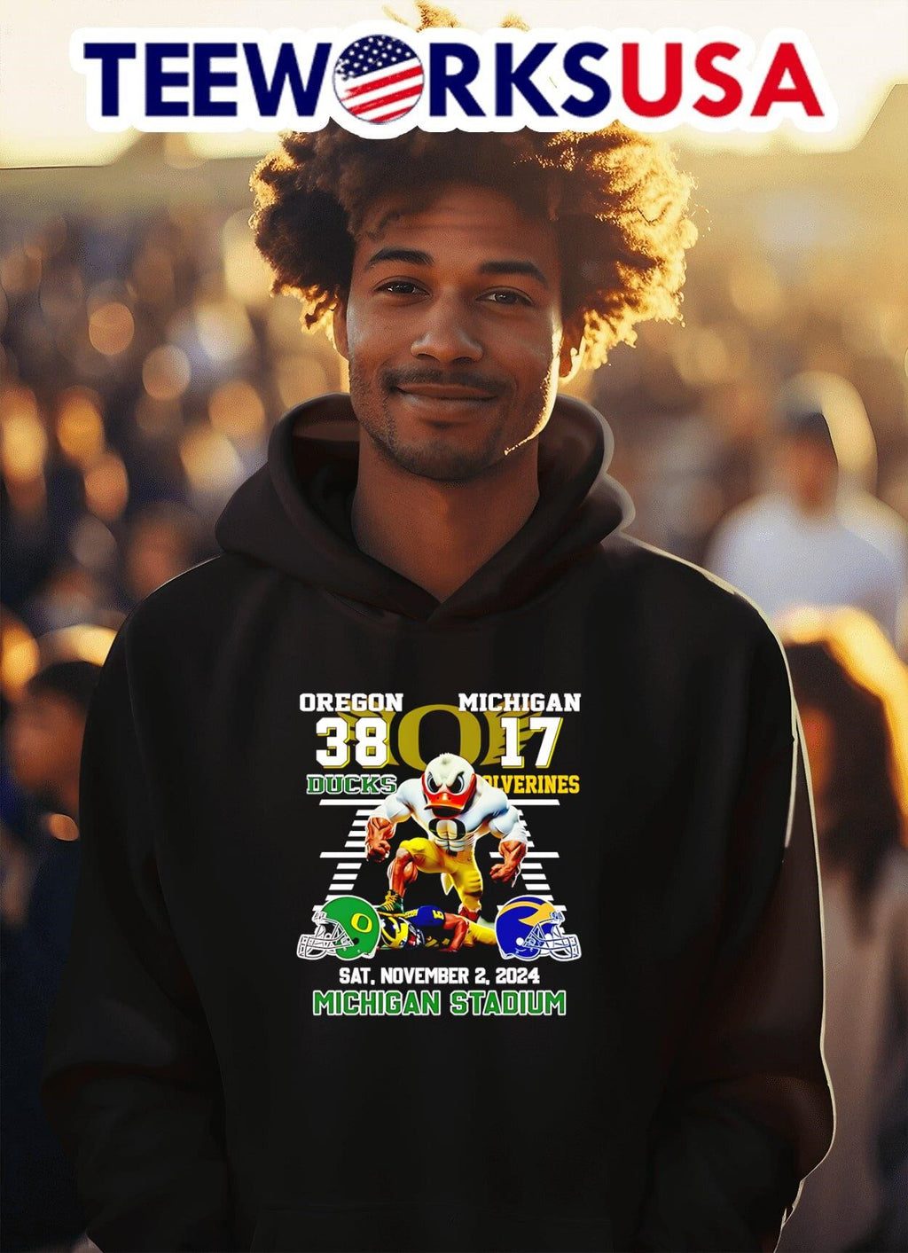 Oregon Ducks 38 17 Michigan Wolverines mascot - Adult & Kids T-Shirts, Sweatshirts & Hoodies apparel design preview 2