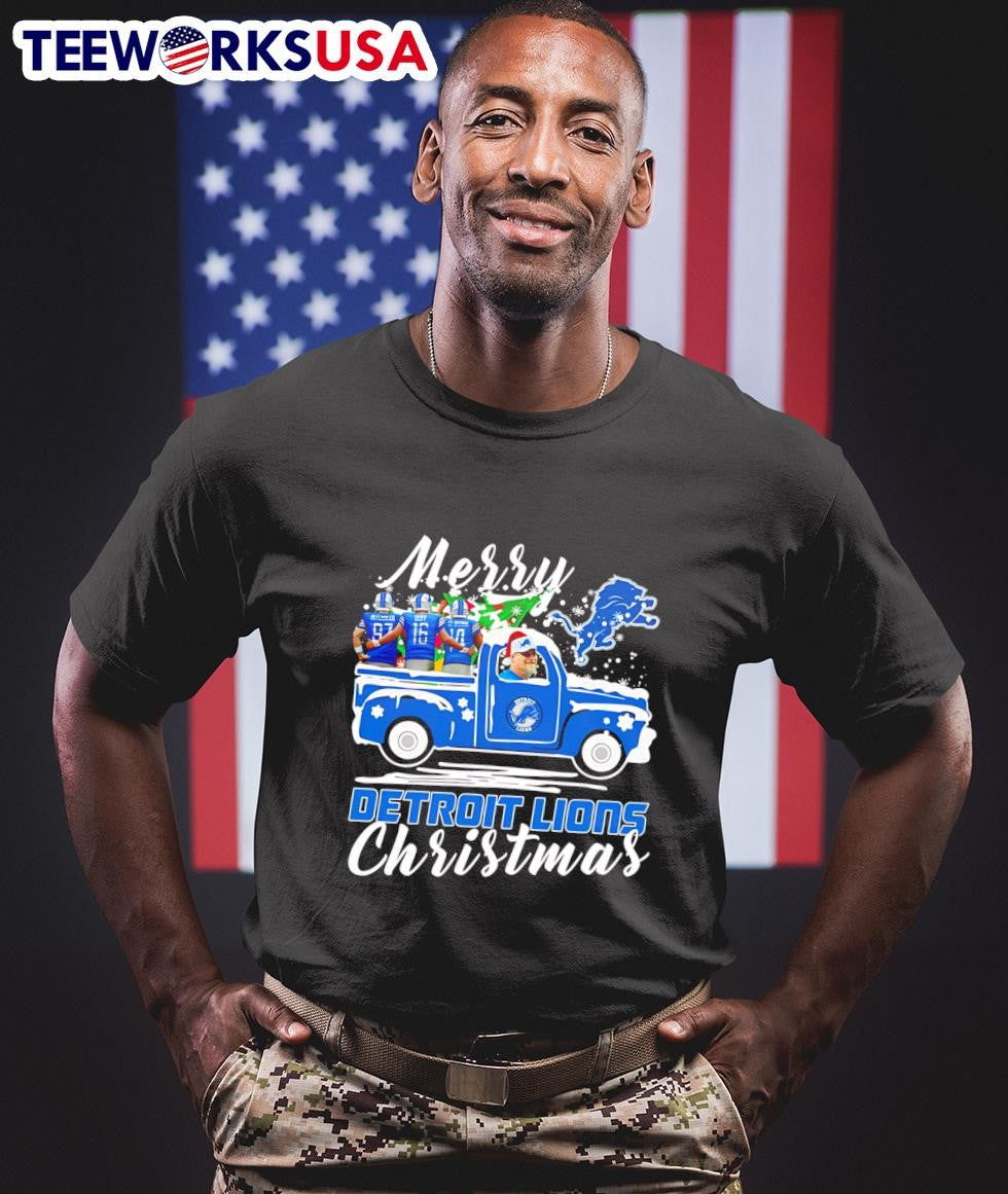 Dan Campbell riding truck Merry Detroit Lions - Adult & Kids T-Shirts, Sweatshirts & Hoodies apparel design preview 1