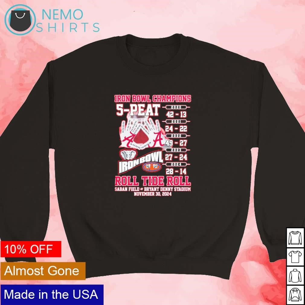 Alabama Crimson Tide roll Iron Bowl champions 5 peat - Adult & Kids T-Shirts, Sweatshirts & Hoodies apparel design preview 5