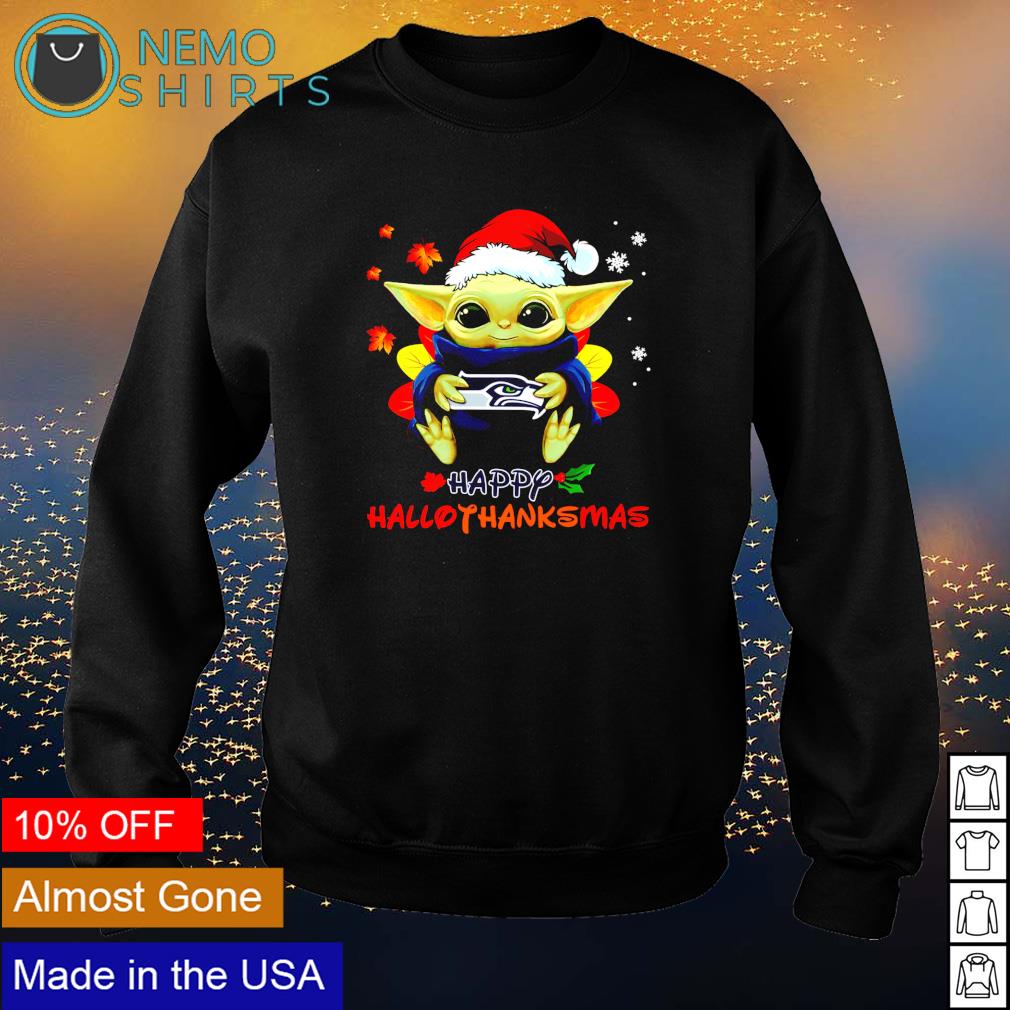Baby Yoda Seahawks happy Hallothanksmas - Adult & Kids T-Shirts, Sweatshirts & Hoodies apparel design preview 4