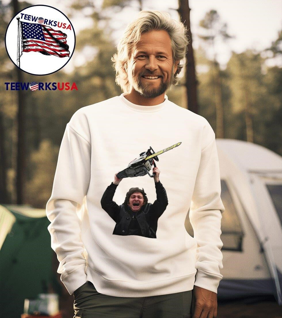 Javier Milei raising saw machine - Adult & Kids T-Shirts, Sweatshirts & Hoodies apparel design preview 3