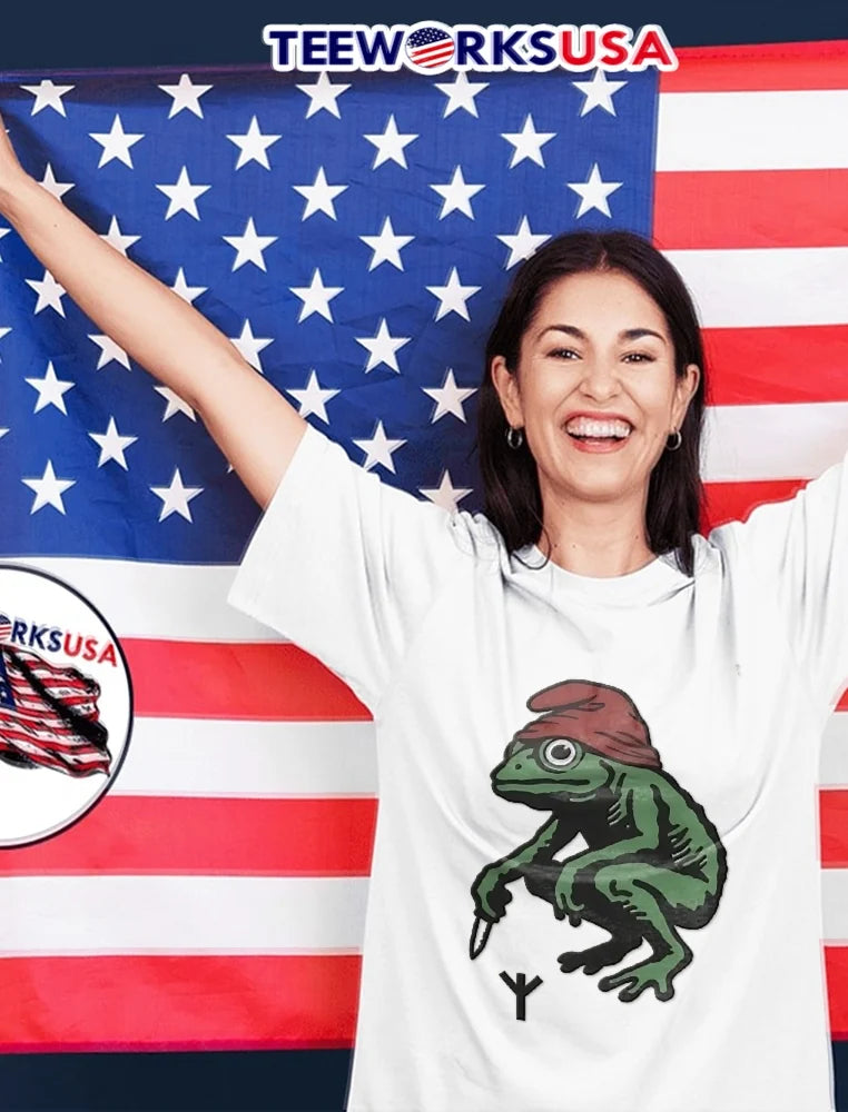 Squatting Green Frog Red Gnome Hat Holding Dagger - Adult & Kids T-Shirts, Sweatshirts & Hoodies apparel design preview 2