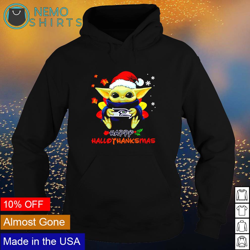 Baby Yoda Seahawks happy Hallothanksmas - Adult & Kids T-Shirts, Sweatshirts & Hoodies apparel design preview 2