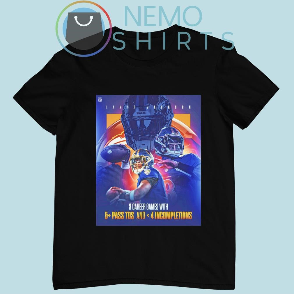Lamar Jackson Baltimore Ravens 3 career games with 5 - Adult & Kids T-Shirts, Sweatshirts & Hoodies apparel design preview 1