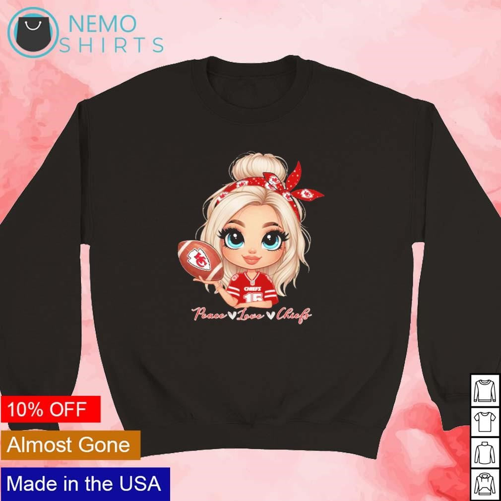 Kansas City Chiefs fan cartoon girl peace love - Adult & Kids T-Shirts, Sweatshirts & Hoodies apparel design preview 5