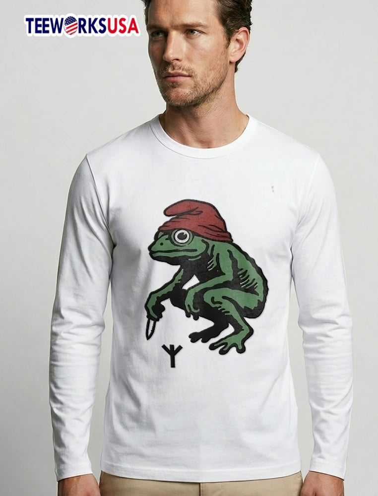 Squatting Green Frog Red Gnome Hat Holding Dagger - Adult & Kids T-Shirts, Sweatshirts & Hoodies apparel design preview 3