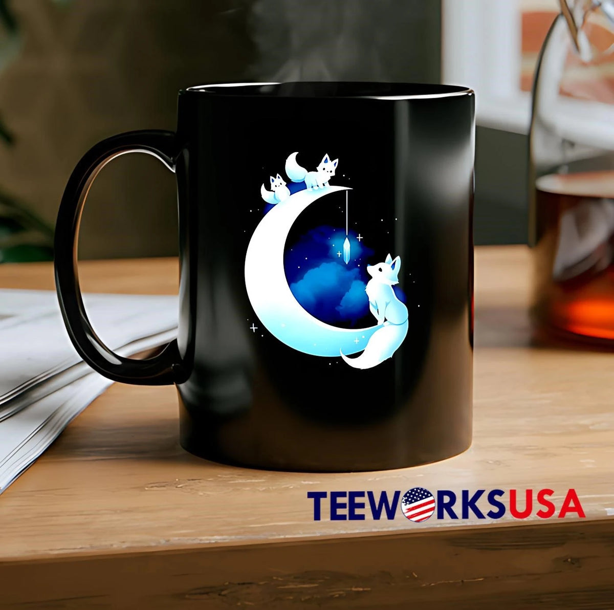 Glowing White Arctic Foxes Crescent Moon Hanging - Adult & Kids T-Shirts, Sweatshirts & Hoodies apparel design preview 2