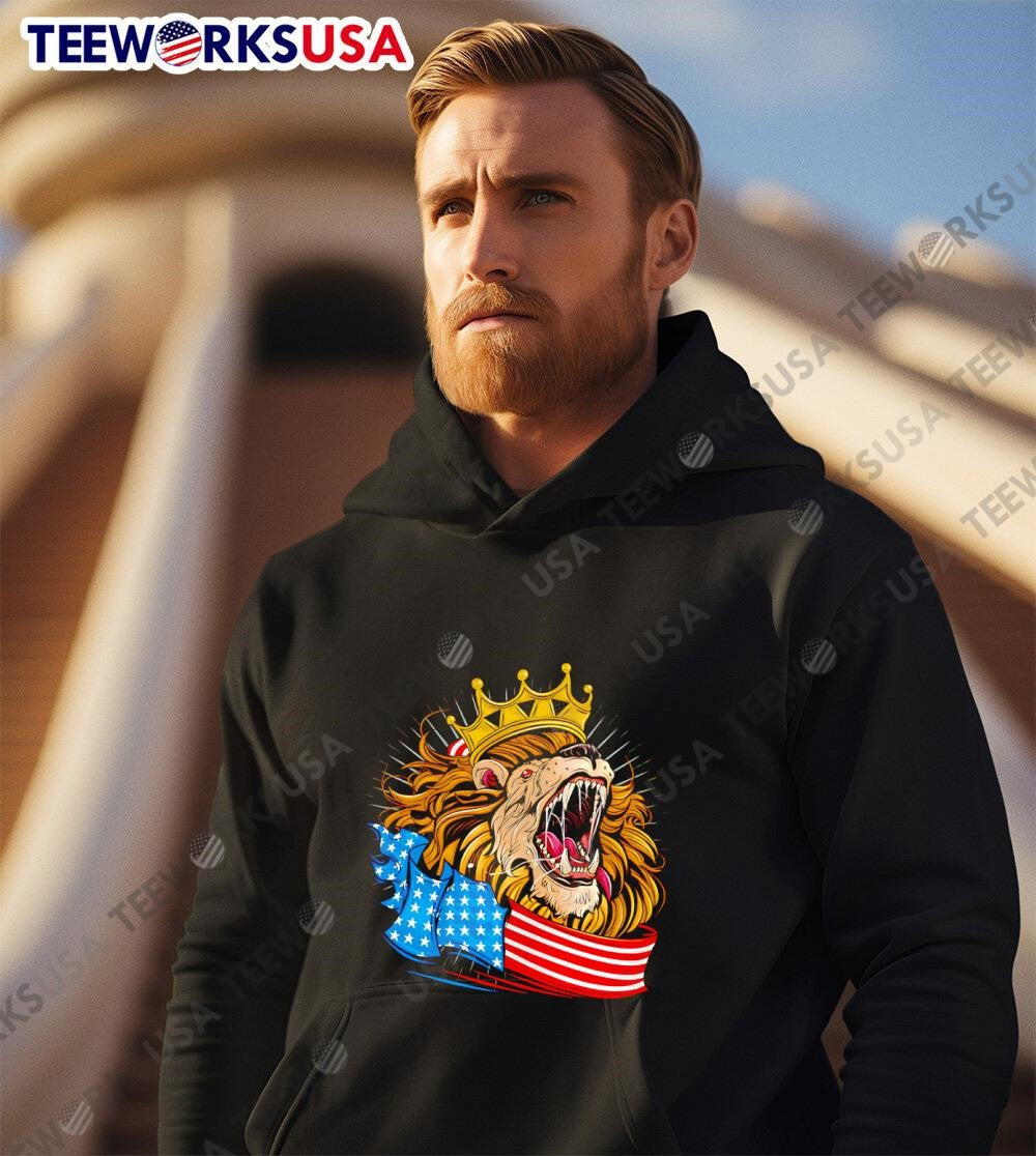King Lion big head scream American flag - Adult & Kids T-Shirts, Sweatshirts & Hoodies apparel design preview 3