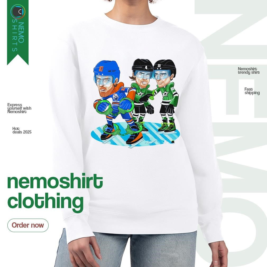 Dallas Stars player handcuffing Edmonton Oilers 2025 - Adult & Kids T-Shirts, Sweatshirts & Hoodies apparel design preview 4