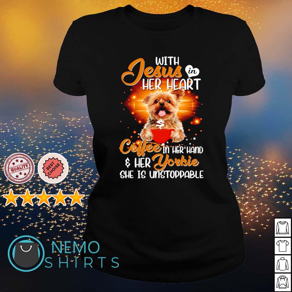 With Jesus in her heart coffee hand and Yorkie - Adult & Kids T-Shirts, Sweatshirts & Hoodies apparel design preview 3