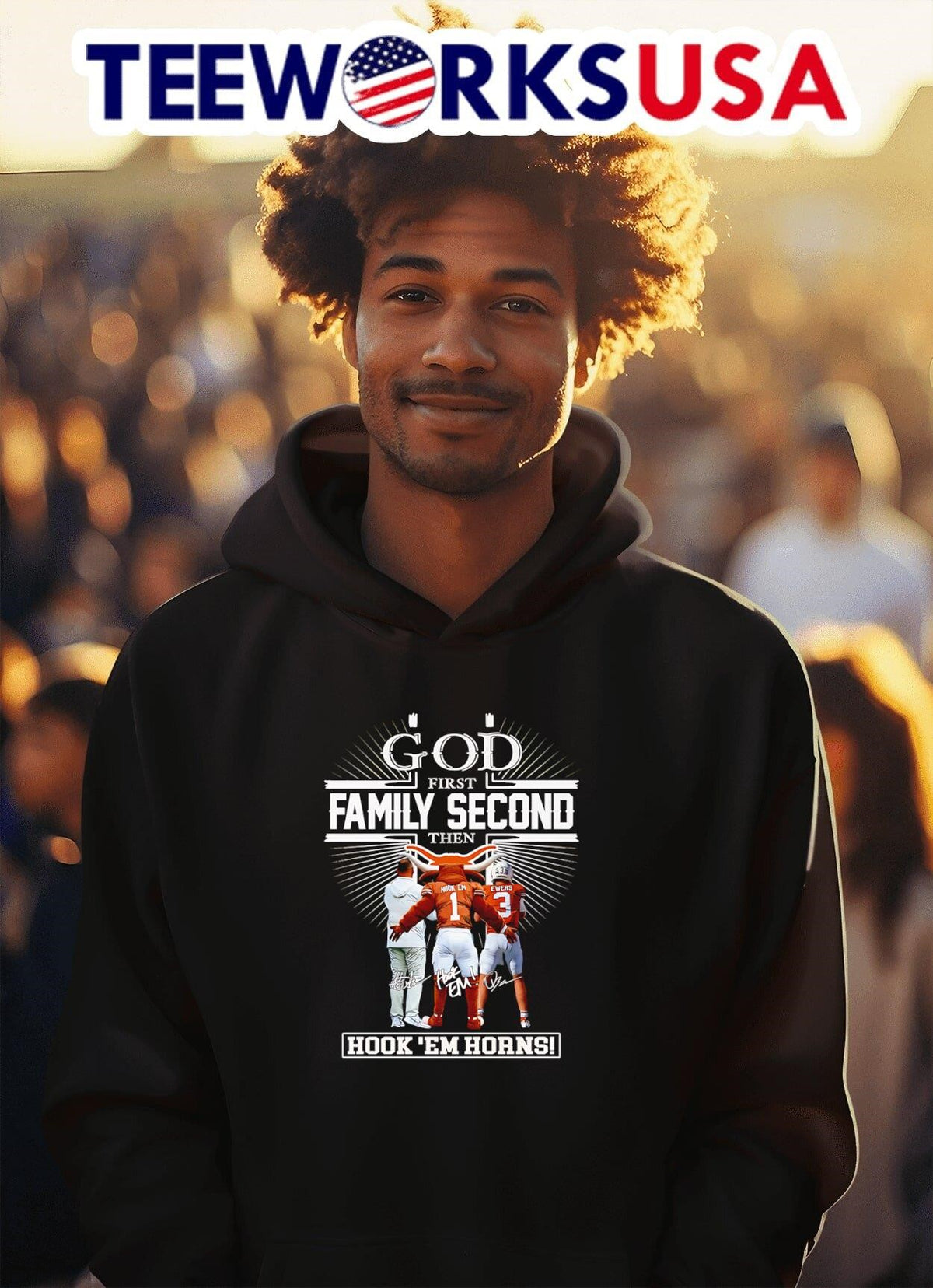 God first family second then hook 'em horns coach - Adult & Kids T-Shirts, Sweatshirts & Hoodies apparel design preview 2
