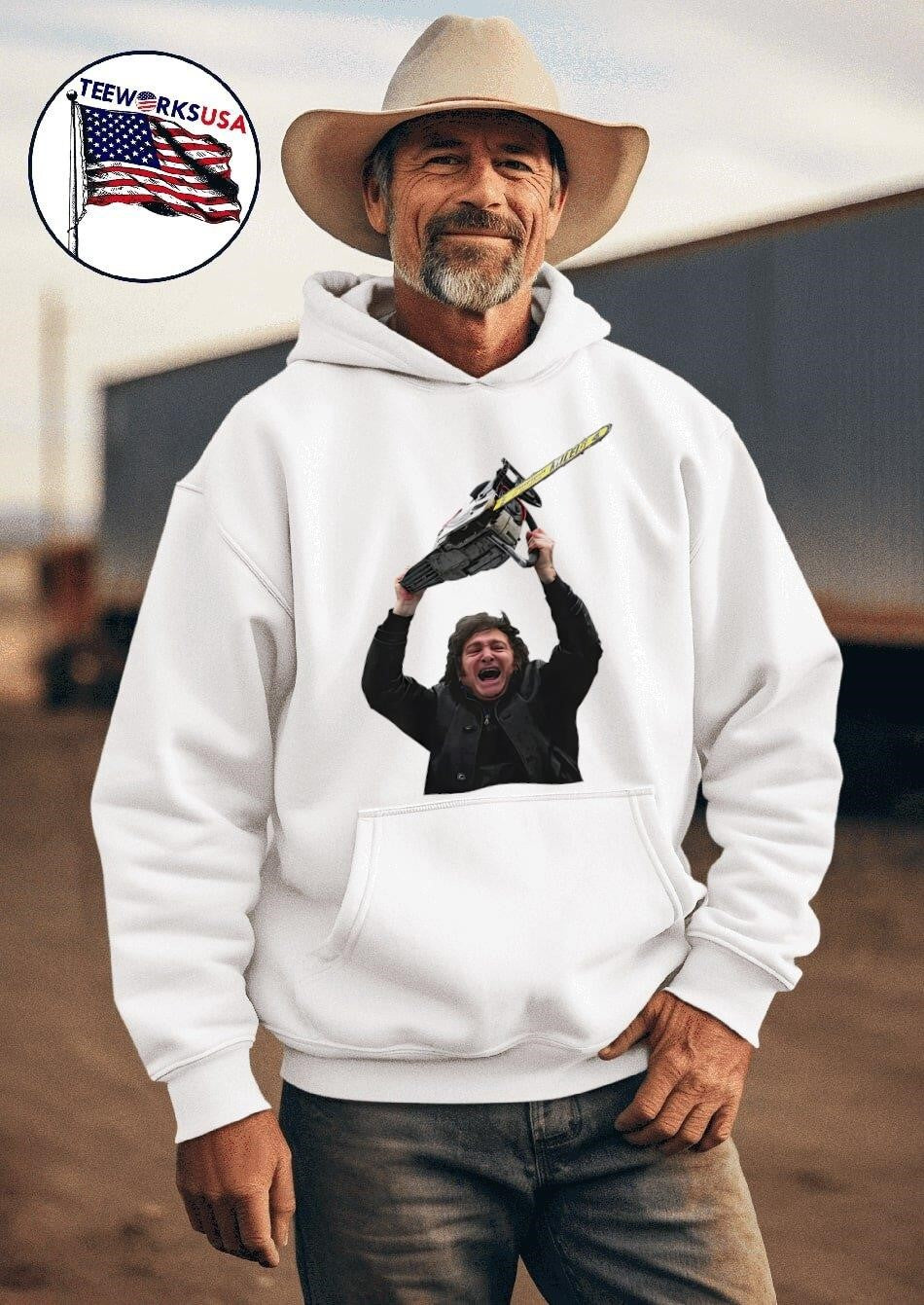 Javier Milei raising saw machine - Adult & Kids T-Shirts, Sweatshirts & Hoodies apparel design preview 2