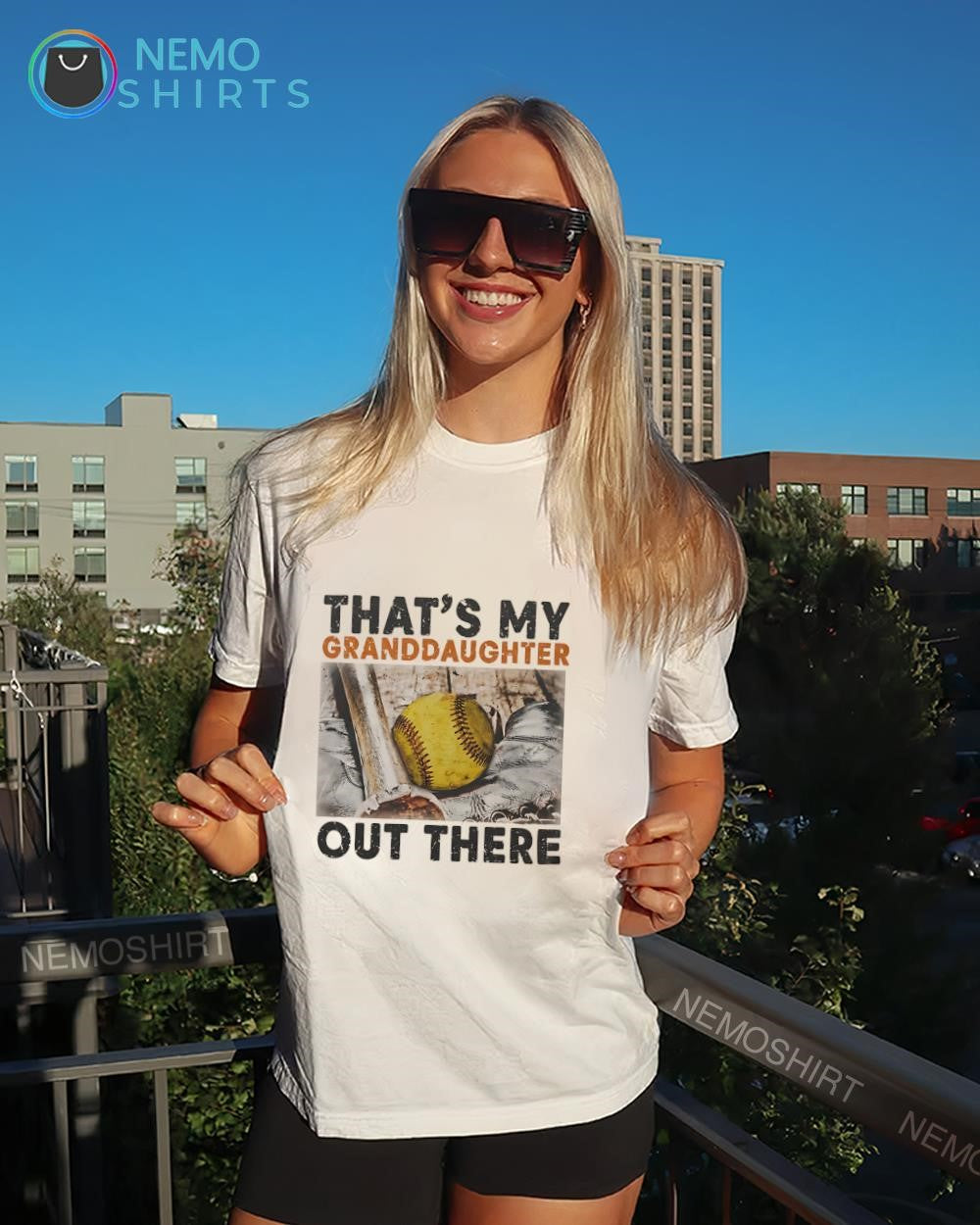 That's My Granddaughter Out There Softball Distressed - Adult & Kids T-Shirts, Sweatshirts & Hoodies apparel design preview 4