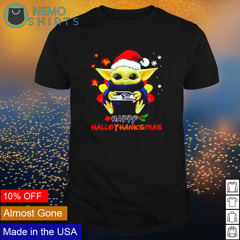 Baby Yoda Seahawks happy Hallothanksmas - Adult & Kids T-Shirts, Sweatshirts & Hoodies apparel design preview 1