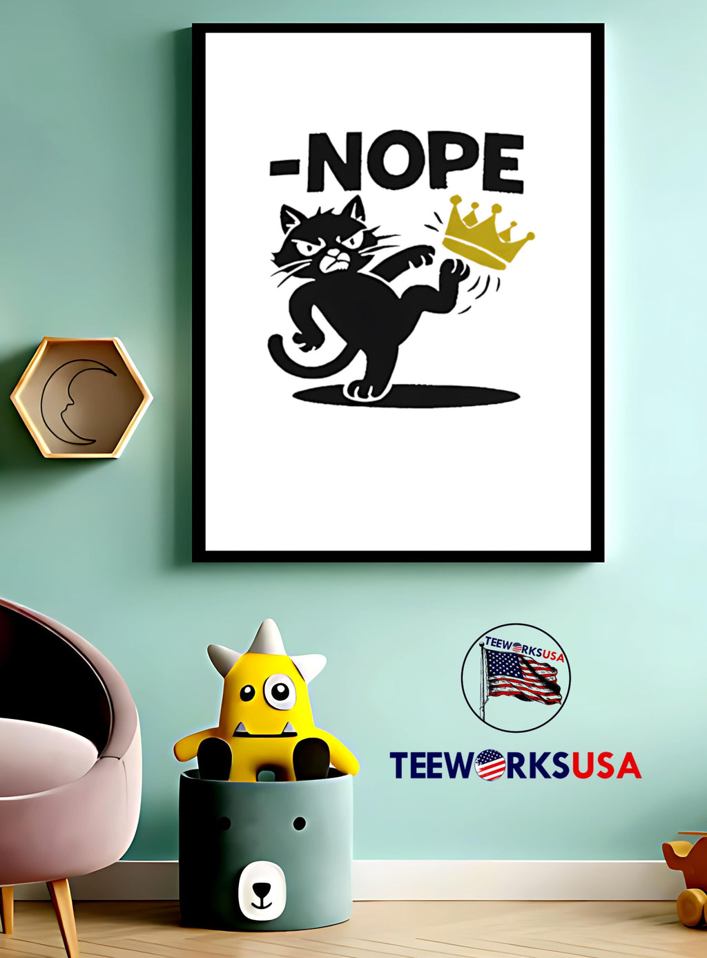 Nope Cat Kicking Crown - Adult & Kids T-Shirts, Sweatshirts & Hoodies apparel design preview 3