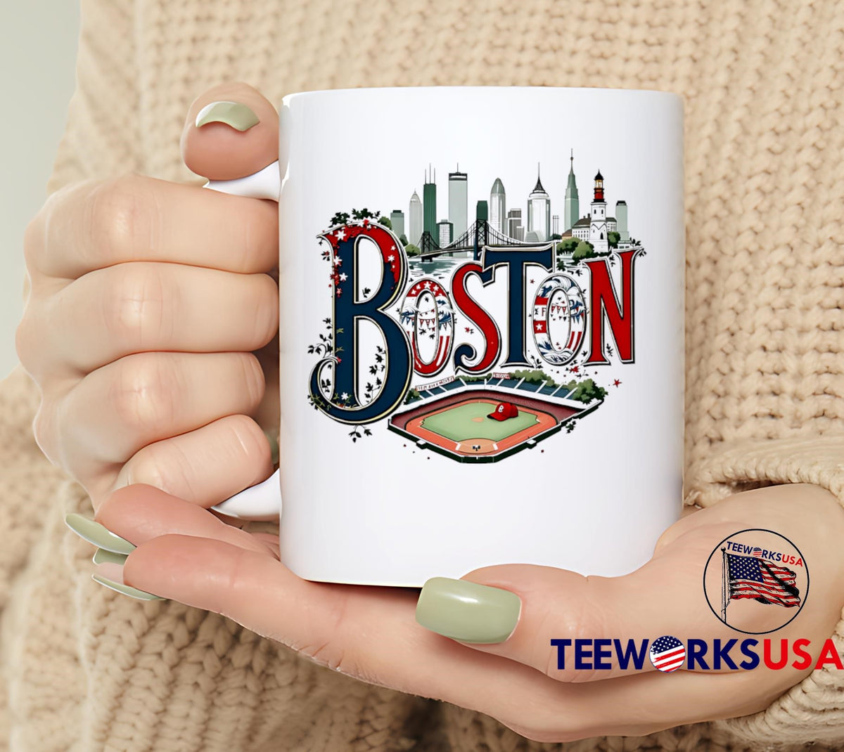Boston Skyline Bridge Lighthouse Stadium Baseball Red - Adult & Kids T-Shirts, Sweatshirts & Hoodies apparel design preview 6