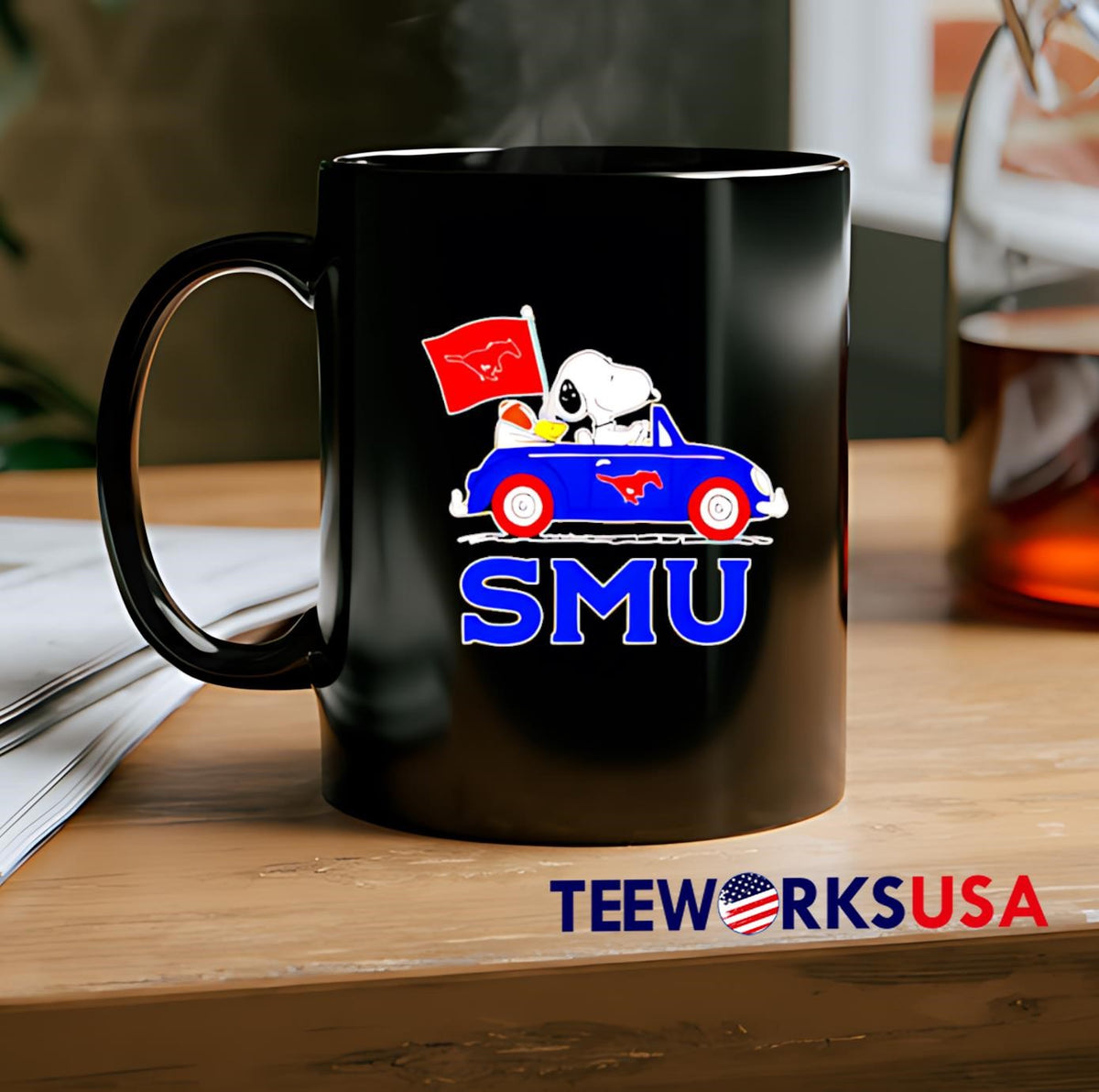 Snoopy and Woodstock driving SMU Mustangs - Adult & Kids T-Shirts, Sweatshirts & Hoodies apparel design preview 2