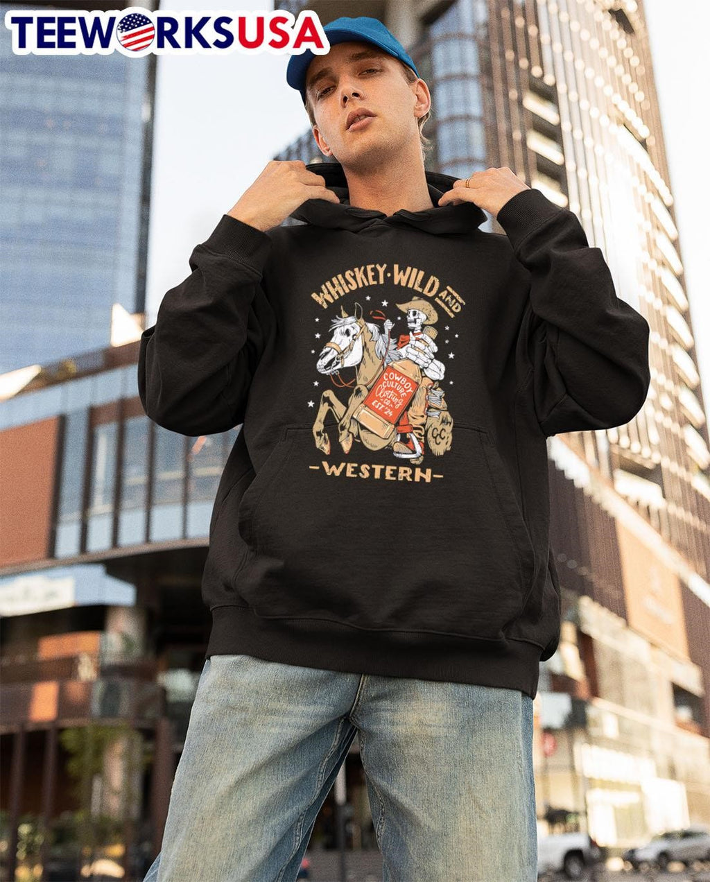 Whiskey Wild And Western Cowboy Skeleton - Adult & Kids T-Shirts, Sweatshirts & Hoodies apparel design preview 3