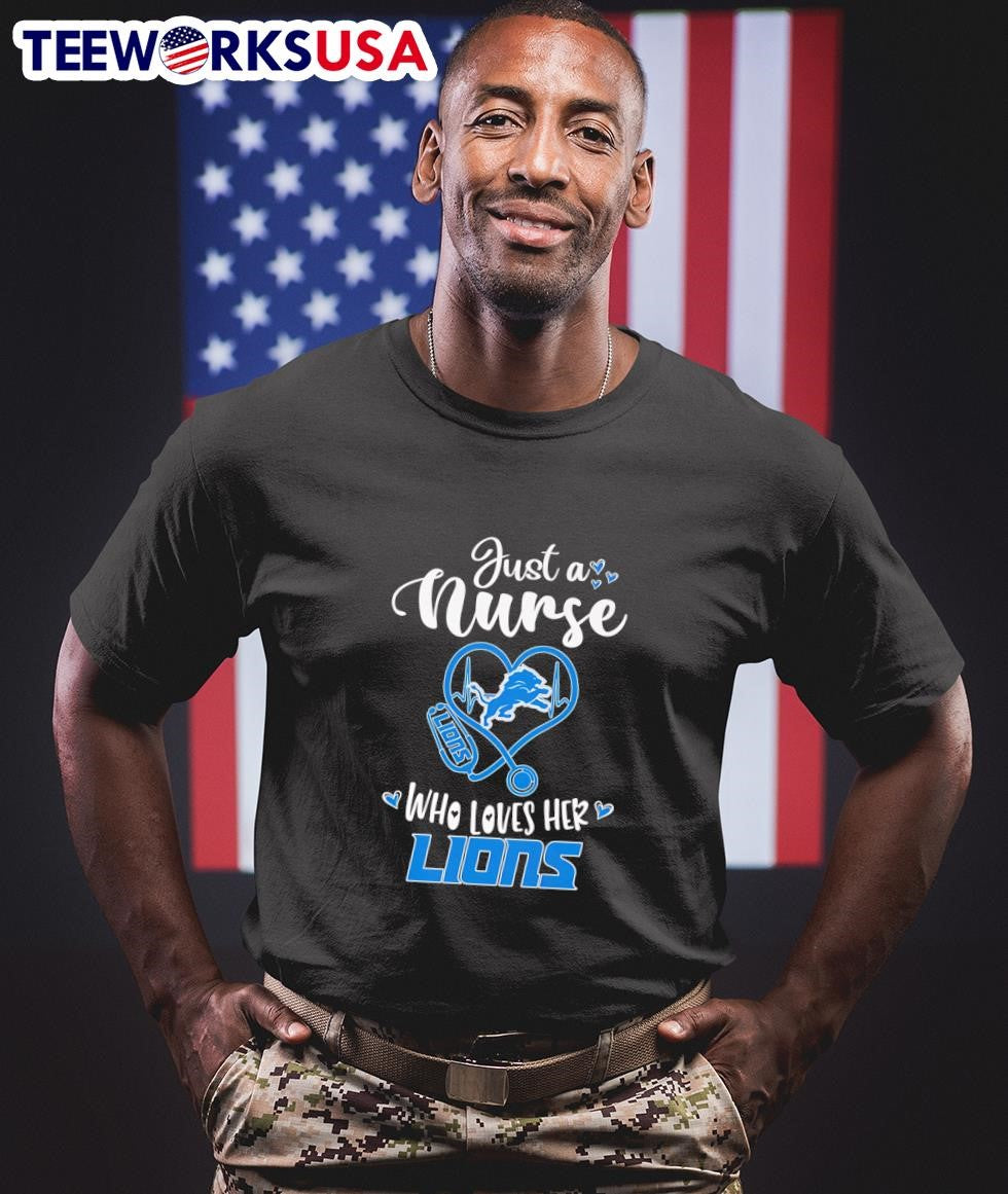 Just a nurse who loves her Detroit Lions - Adult & Kids T-Shirts, Sweatshirts & Hoodies apparel design preview 1