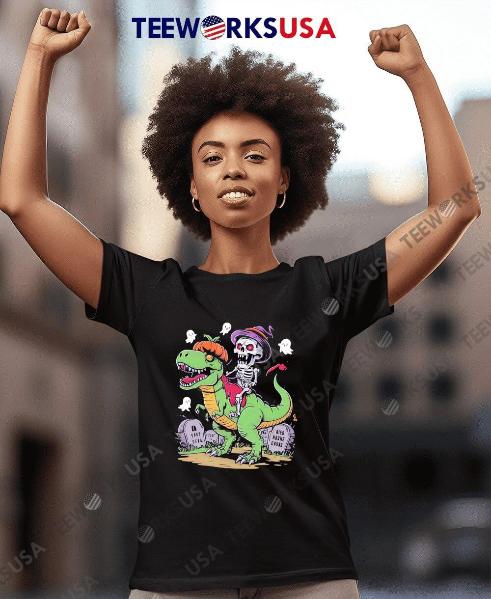 Skeleton Riding Mummy Dinosaur T Rex Halloween retro - Adult & Kids T-Shirts, Sweatshirts & Hoodies apparel design preview 4
