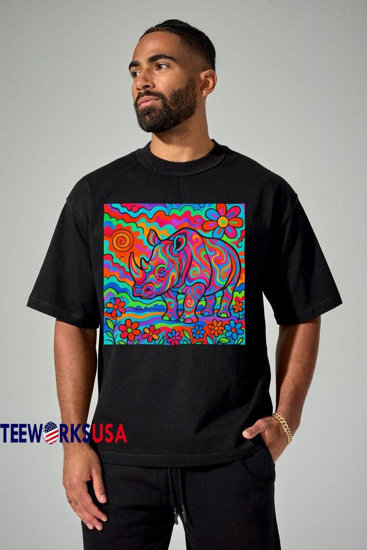 Rainbow Rhino Art Style - Adult & Kids T-Shirts, Sweatshirts & Hoodies apparel design preview 1