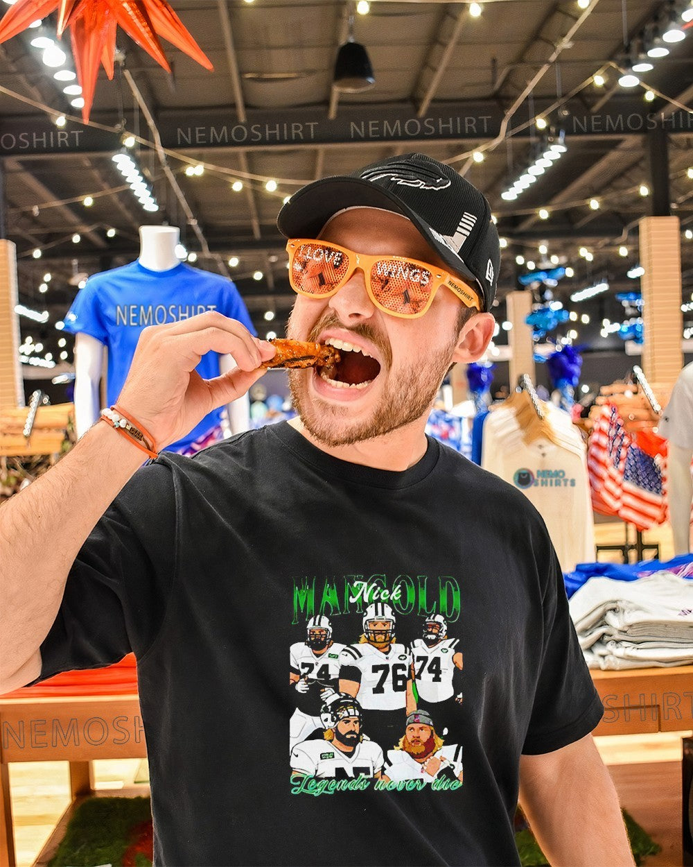 Nick Mangold New York Jets legends never die cartoon - Adult & Kids T-Shirts, Sweatshirts & Hoodies apparel design preview 1