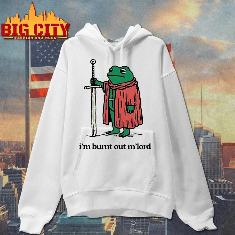 Frog holding sword I'm burnt out M'lord - Adult & Kids T-Shirts, Sweatshirts & Hoodies apparel design preview 2