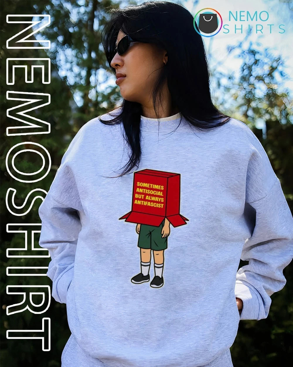 Sometimes Antisocial but Always Antifascist Box Head - Adult & Kids T-Shirts, Sweatshirts & Hoodies apparel design preview 3
