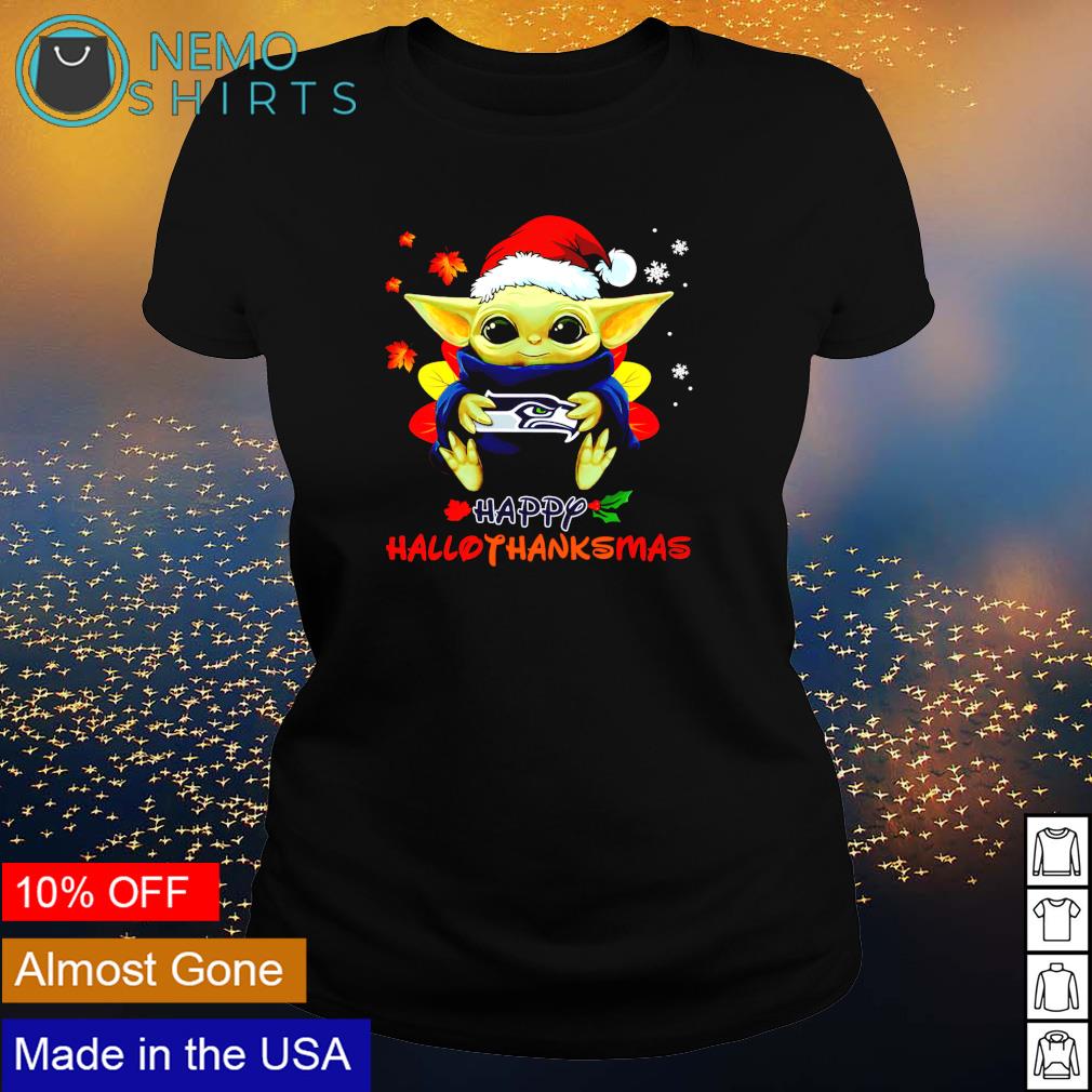 Baby Yoda Seahawks happy Hallothanksmas - Adult & Kids T-Shirts, Sweatshirts & Hoodies apparel design preview 3
